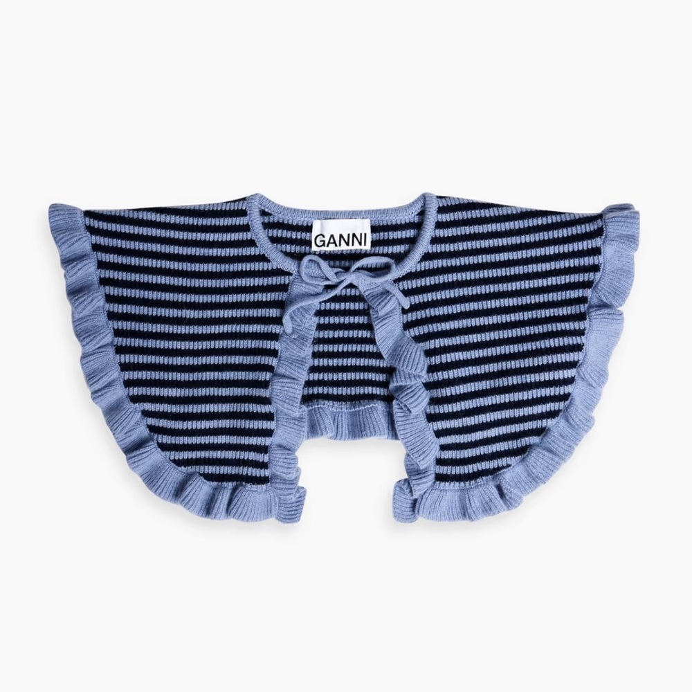 Nwt Ganni Stripe Wool Cashmere Ruffle Collar Sky Captain Blue Os